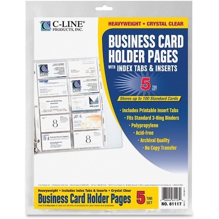 C-Line Products C-Line 61117, Tabbed Business Card Binder Pages, 20 Cards Per Letter Page, Clear, 5 Pages CLI61117